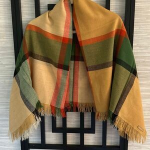 NWOT Lasserre Paris camel and green color plaid wrap scarf with fringe shawl